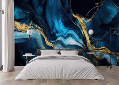 Abstract dark blue marble texture with gold splashes, blue luxury background Wall mural