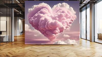 Abstract fluffy pink cotton candy clouds in the shape of a heart. Concept for love, Valentine’s Day. Generative AI illustration.  Wall mural