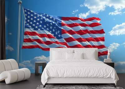 American flag fluttering in the wind on blue sky background Wall mural