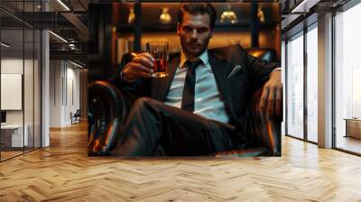 Attractive businessman sitting in armchair and drinking expensive whiskey Wall mural