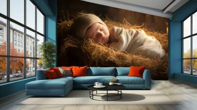 Baby Jesus lies in the manger, nestled on a bed of hay, symbolizing the Nativity of Jesus Wall mural