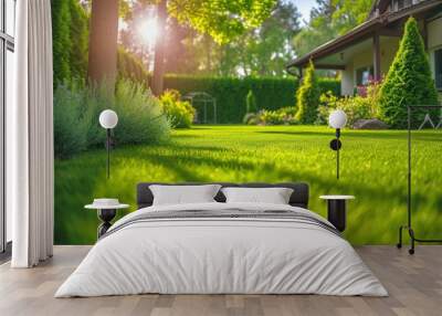 Back house yard with green grass and nice landscaping with sunlights Wall mural