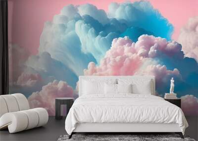 Background of fluffy baby pink and blue pastel cotton candy clouds in the sky. Generative AI   Wall mural