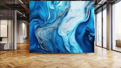 Blue marble texture with silver, liquid paint art Wall mural