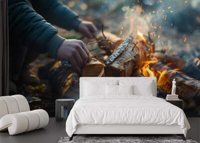 Building a warm campfire in the crisp morning air Wall mural