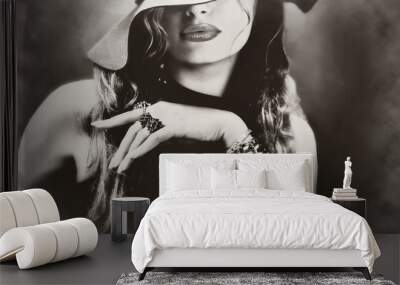 Sexy young pretty woman model lips make-up, vintage, retro hat and jewelry Wall mural