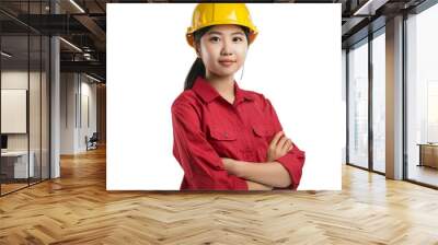 Charming beautiful tan skin Asian woman engineer red shirt with yellow safety helmet isolated on white background. Presenting engineering technology and business strategy, concept. under construction. Wall mural