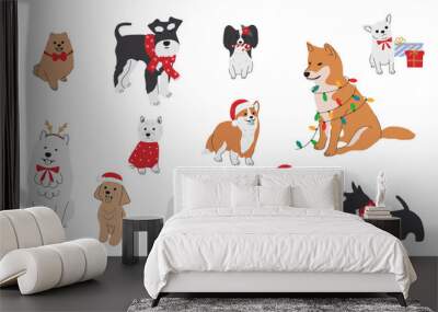 Collection of christmas dogs in hand drawn style. Collection of dog characters, flat illustration. Merry Christmas illustrations of cute pets with accessories Wall mural