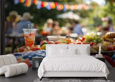 Colorful outdoor picnic with fresh food and American flag decorations Wall mural