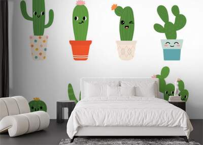 cute cactus plant in pots with cute faces. indoor plants in a flat style. vector illustration set. Wall mural