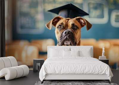 Cute dog wearing graduation hat on blurred classroom background Wall mural