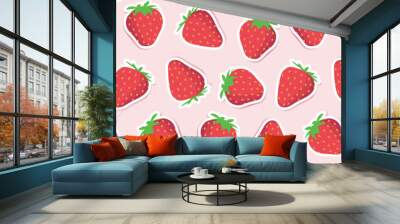 Cute red strawberries on a pink background. Trendy strawberry pattern design for wallpapers, print, fabric and stationery design. Red strawberry sticker pattern. Illustrated vector fruit. Wall mural