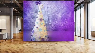 Decorative Christmas tree in neon light with a snowflake, beads, beads - blank for congratulations on winter holidays Wall mural