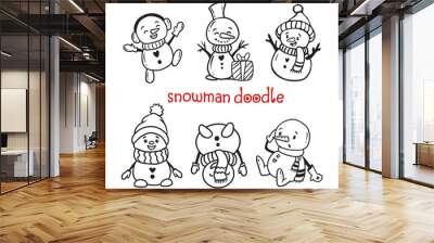 doodle illustration of cartoon snowman. Funny snowmen in different costumes isolated on white background. Christmas and New Year set for design.Vector illustration Wall mural