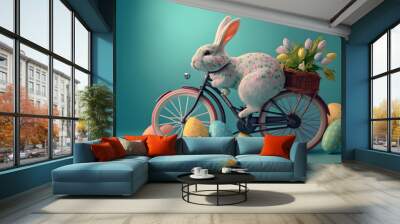 Easter funny rabbit on a bicycle, colored eggs on a blue background, Generative AI 2 Wall mural