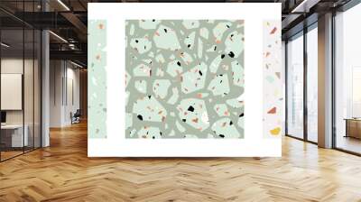 Elegant seamless vector terrazzo fashion pattern set. Modern stone floor, tile design textures. Earthy colours: terracotta, green and beige backgrounds and elements. Abstract digital illustration Wall mural