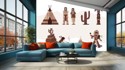 Flat vector set of Native American. Stylized characters in traditional clothes, teepee tent, totem and campfire. Wall mural