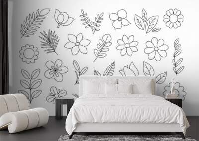 Flowers, leaves and twigs coloring page. Floral elements outline set. Coloring book for print Wall mural