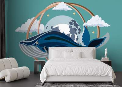 Flying marine blue whale in the clouds against the background of stars and planets. Wall mural