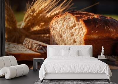 Freshly baked bread with ears of wheat on a natural background 1 Wall mural