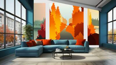 Collection of autumn river landscapes for banner, web site, social media. Editable vector illustration with beautuful fall scenery, orange and yellow trees in forest Wall mural