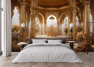 Golden Indian wedding mandap adorned with elaborate decorations and vibrant colors Wall mural