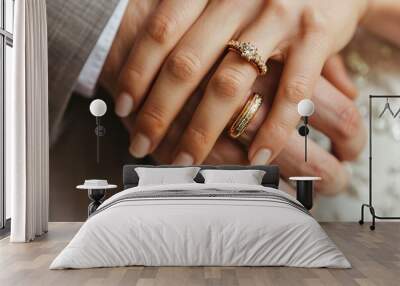 Golden wedding rings on newly married couple hands Wall mural