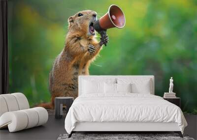 Gopher screams in loudspeaker on green background Wall mural