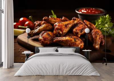 Grilled chicken wings on wooden table Wall mural