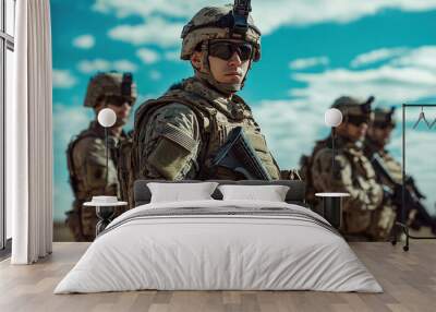 Group of soldiers with assault rifles in military uniform is ready for storm Wall mural