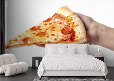 hand holding a slice of pizza isolate on a white background Wall mural