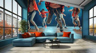 Happy children in stylish clothes dancing in choreography class Wall mural