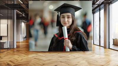 Happy female graduate student in graduation gown and cap standing on a college campus Wall mural