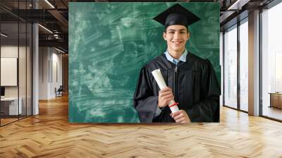 Happy male graduate student in graduation gown and cap on green chalkboard background Wall mural