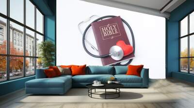 Holi bible and red heart with medical stethoscope. Soul healing, mental health and healing concept Wall mural