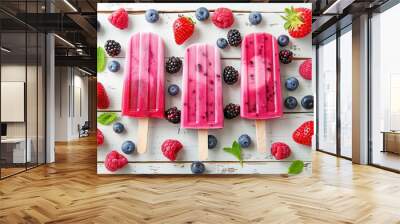 Ice cream popsicles with fresh berries on wooden background Wall mural