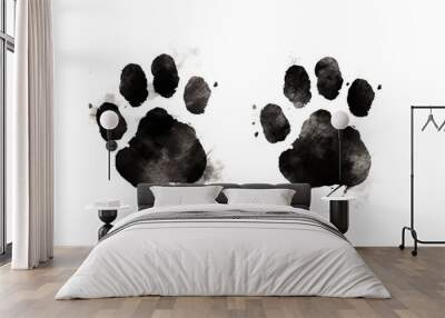 Illustration of black silhouette of a dog paw prints on white background Wall mural