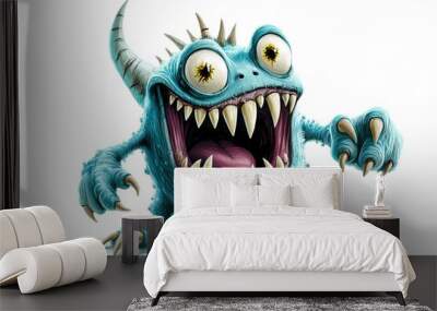 Illustration of funny blue cartoon monster on white background. Halloween holiday Wall mural