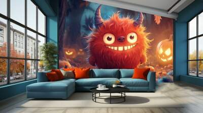 Illustration of funny cartoon monster standing in the forest. Halloween holiday Wall mural