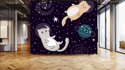 Illustration with cute cats astronauts on starry space background. Perfect for posters, greeting cards and other design. Wall mural