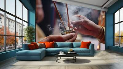 Incense sticks in the hands of an Indian woman, Generative AI 4 Wall mural