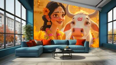 Indian girl with a sacred cow adorned with flowers in a joyful, vibrant setting Wall mural