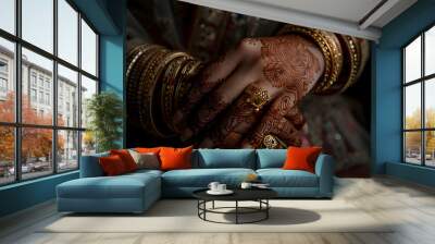 Intricate mehndi design and gold jewelry adorn the hands of an Indian bride Wall mural