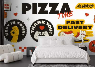 A pizza delivery theme set in the trending retro groovy style. Pizza character, stickers with words of thanks to the customer and fast delivery.	 Wall mural