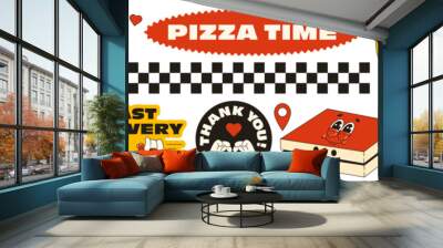 A pizza delivery theme set in the trending retro groovy style. Pizza character, stickers with words of thanks to the customer and fast delivery. Wall mural