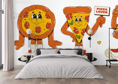 A set of cool pizza characters in sneakers and various poses. Trendy retro groovy style. Maskots for bar, restaurant, cafe. Wall mural