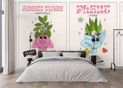 A set of posters with house plants and flowers. Trendy cartoon retro groovy character style. Green vibes, plant power. Сards, posters for market and plant store. Vector illustration. Wall mural