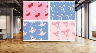 A set of seamless patterns with simple cute illustrations. Bows, rabbit, cherries with a bow. Contemporary vector design. Wall mural