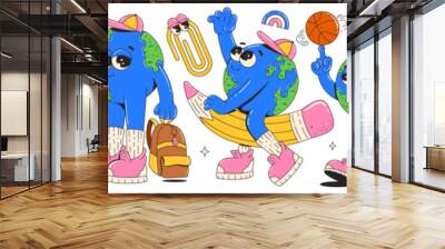 Back to school. Funny cartoon set with element and character. Funky retro groovy characters earth planet, school bag, ball, lunch box, marker and other. Vector illustration. Wall mural