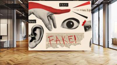 Fake news trendy vintage collage conception. Halftone lips, eyes, hands. Retro newspaper and torn paper. Elements for banners, poster, sosial media. Vector. Wall mural